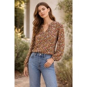 LOFT Womens Small Black Ditsy Floral V-Neck Balloon Long Sleeve Blouse Top